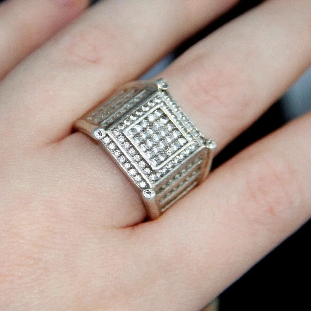 VTG HEAVY Sterling Silver 925 Iced Out Square Signet Ring Mens Size 8.5 CZ Band